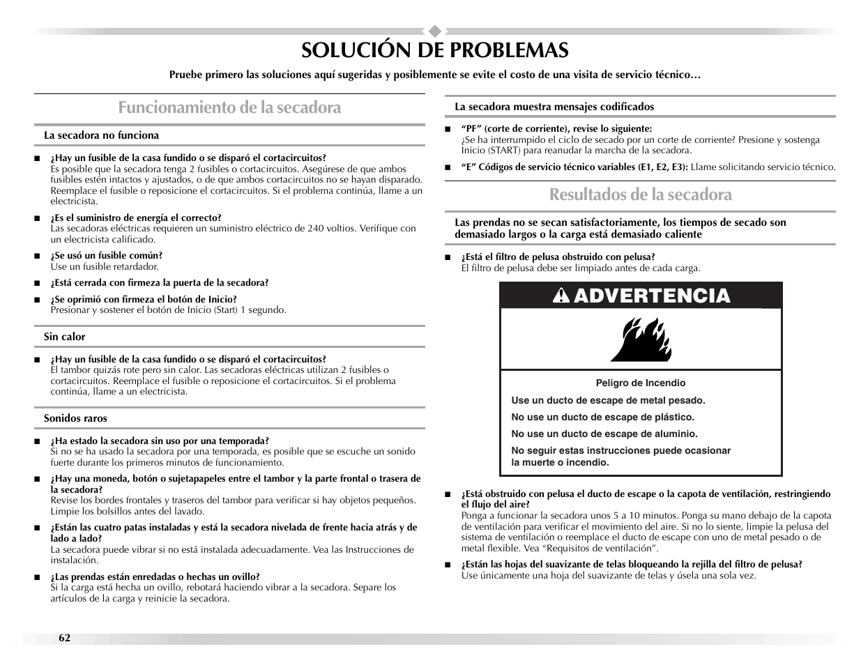 Solución de problemas, Advertencia, Funcionamiento de la secadora | Resultados de la secadora | Maytag EPIC Z W10112937B User Manual | Page 62 / 92