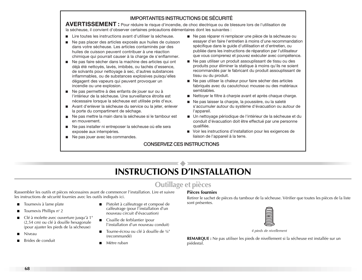 Instructions d’installation, Outillage et pièces, Avertissement | Maytag EPIC Z W10112937B User Manual | Page 68 / 92