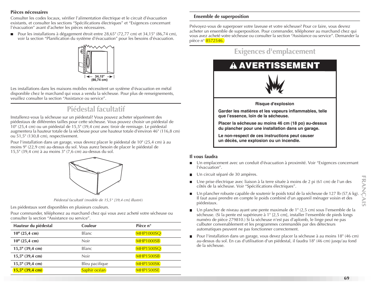 Avertissement, Piédestal facultatif, Exigences d'emplacement | Maytag EPIC Z W10112937B User Manual | Page 69 / 92