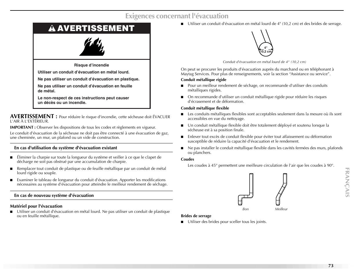 Exigences concernant l'évacuation, Avertissement | Maytag EPIC Z W10112937B User Manual | Page 73 / 92