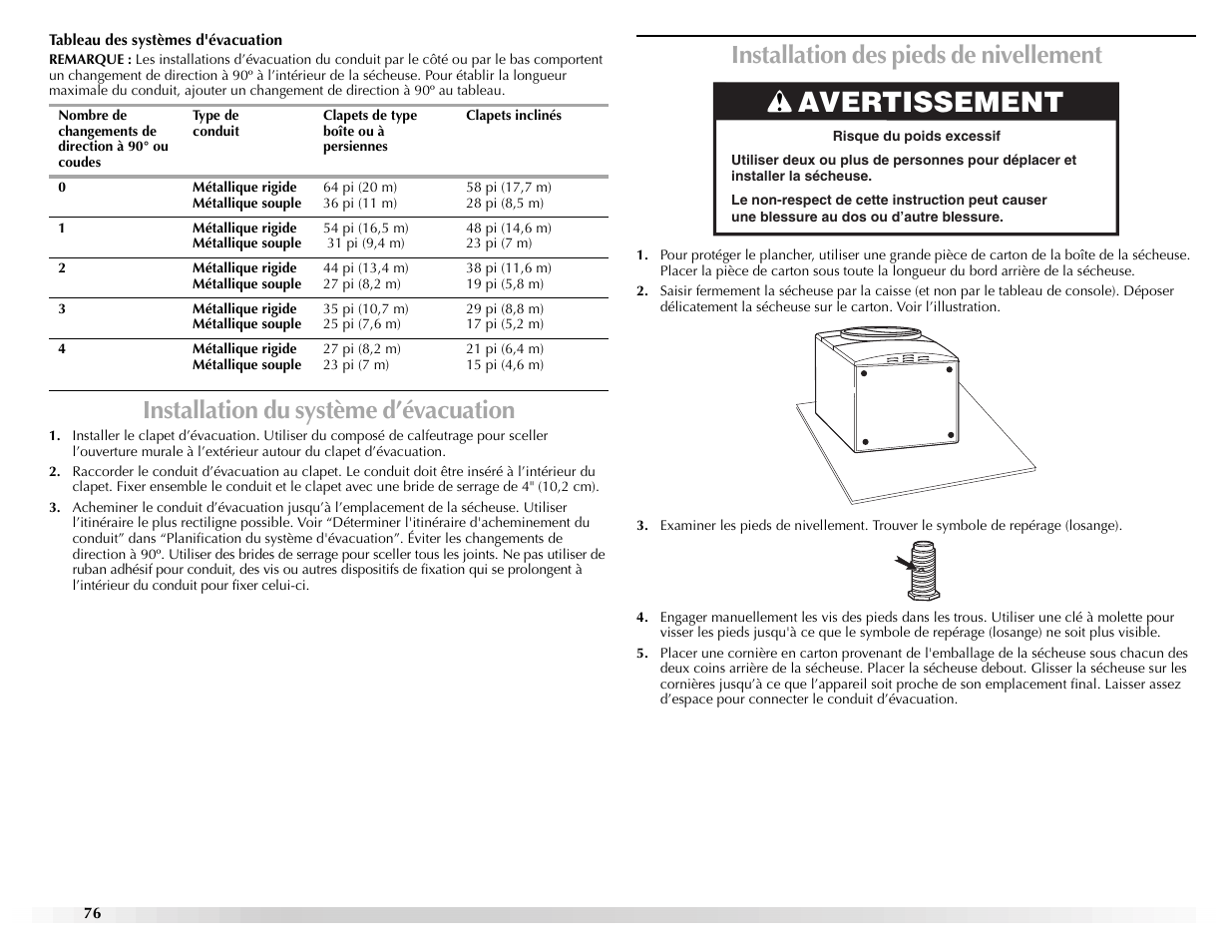 Avertissement, Installation du système d’évacuation, Installation des pieds de nivellement | Maytag EPIC Z W10112937B User Manual | Page 76 / 92