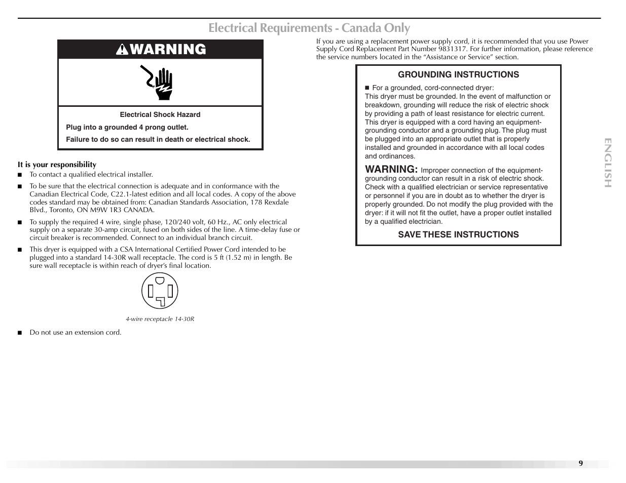 Warning, Electrical requirements - canada only | Maytag EPIC Z W10112937B User Manual | Page 9 / 92