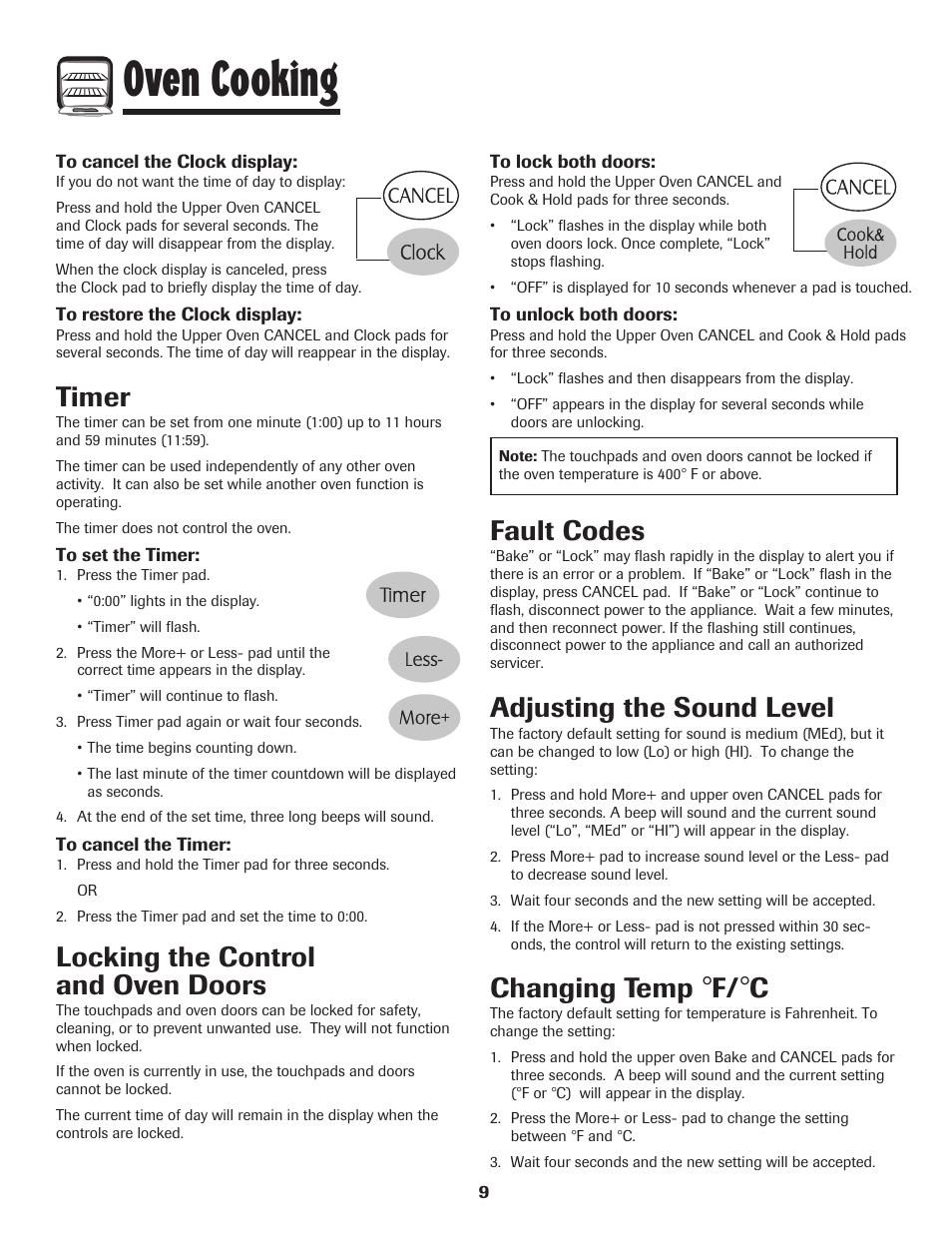 Oven cooking, Timer, Locking the control and oven doors | Fault codes, Adjusting the sound level, Changing temp | Maytag 750 User Manual | Page 10 / 84