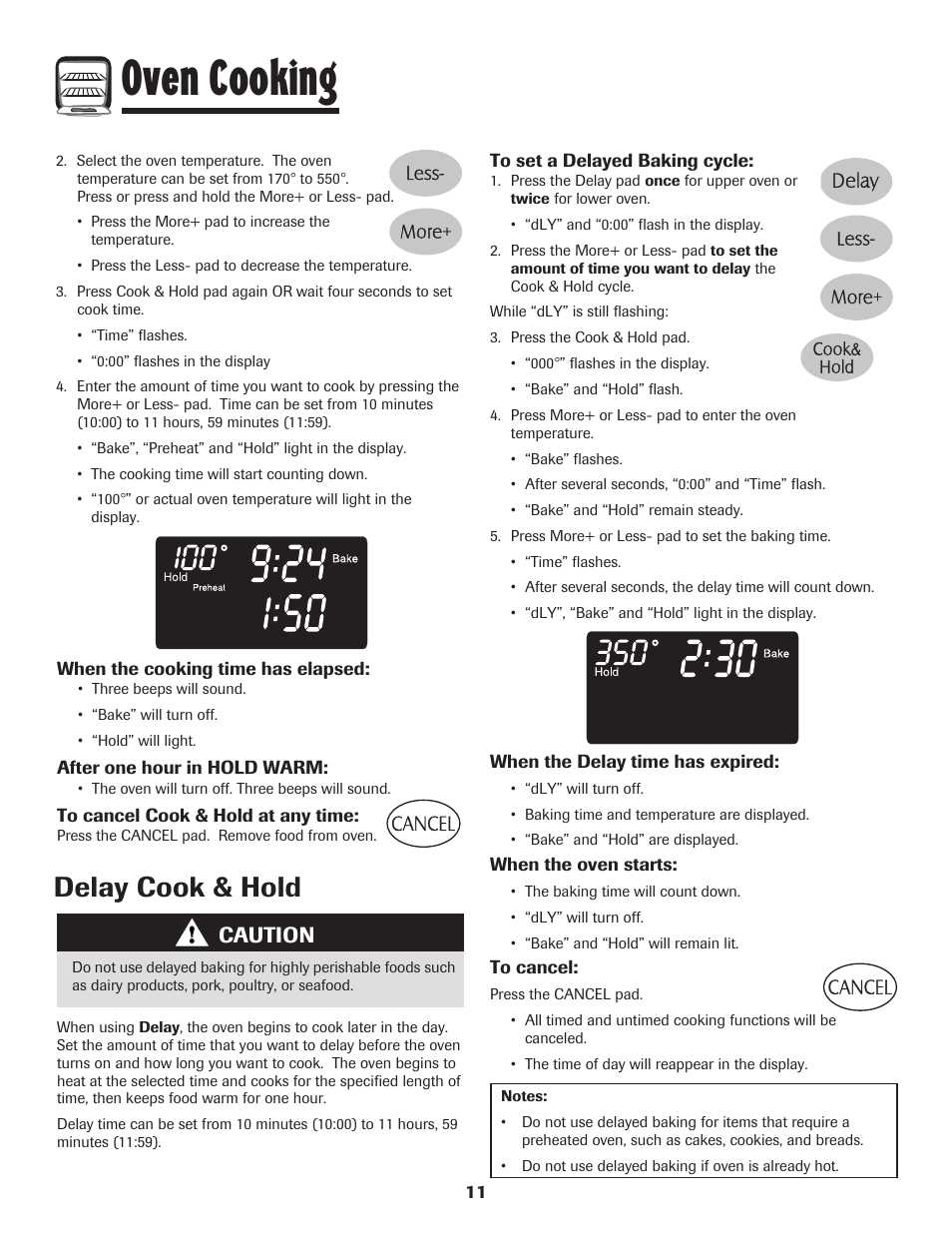 Oven cooking, Delay cook & hold, Caution | Maytag 750 User Manual | Page 12 / 84
