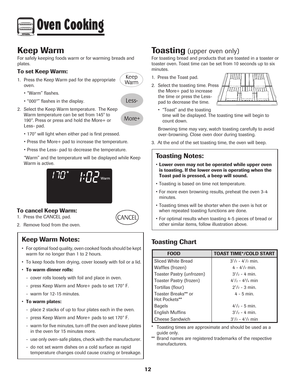 Oven cooking, Keep warm, Toasting | Upper oven only), Toasting chart | Maytag 750 User Manual | Page 13 / 84
