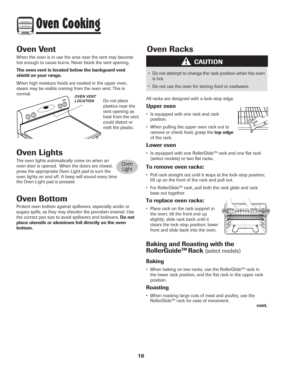 Oven cooking, Oven lights, Oven bottom | Oven vent, Oven racks, Caution, Baking and roasting with the rollerguide, Rack | Maytag 750 User Manual | Page 17 / 84