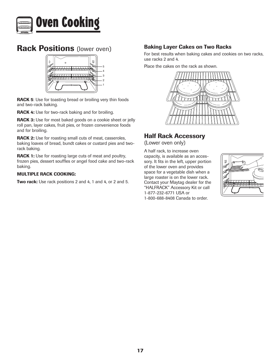 Oven cooking, Rack positions, Lower oven) | Half rack accessory | Maytag 750 User Manual | Page 18 / 84