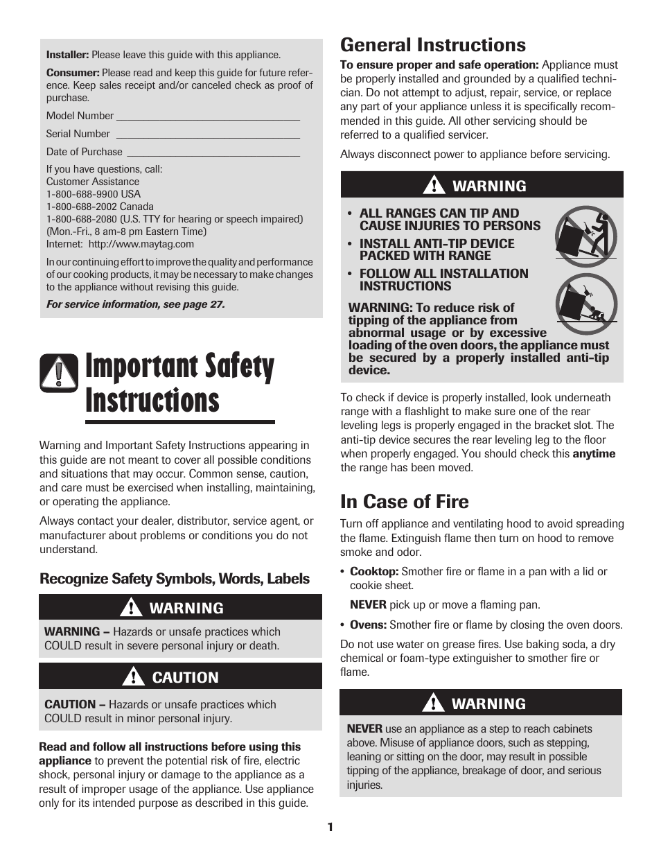 Important safety instructions, General instructions in case of fire | Maytag 750 User Manual | Page 2 / 84