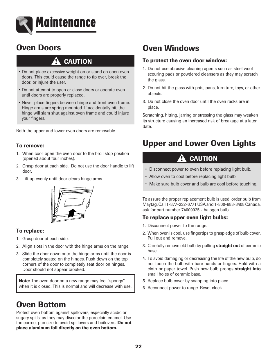 Maintenance, Oven doors oven windows, Upper and lower oven lights | Oven bottom, Caution | Maytag 750 User Manual | Page 23 / 84