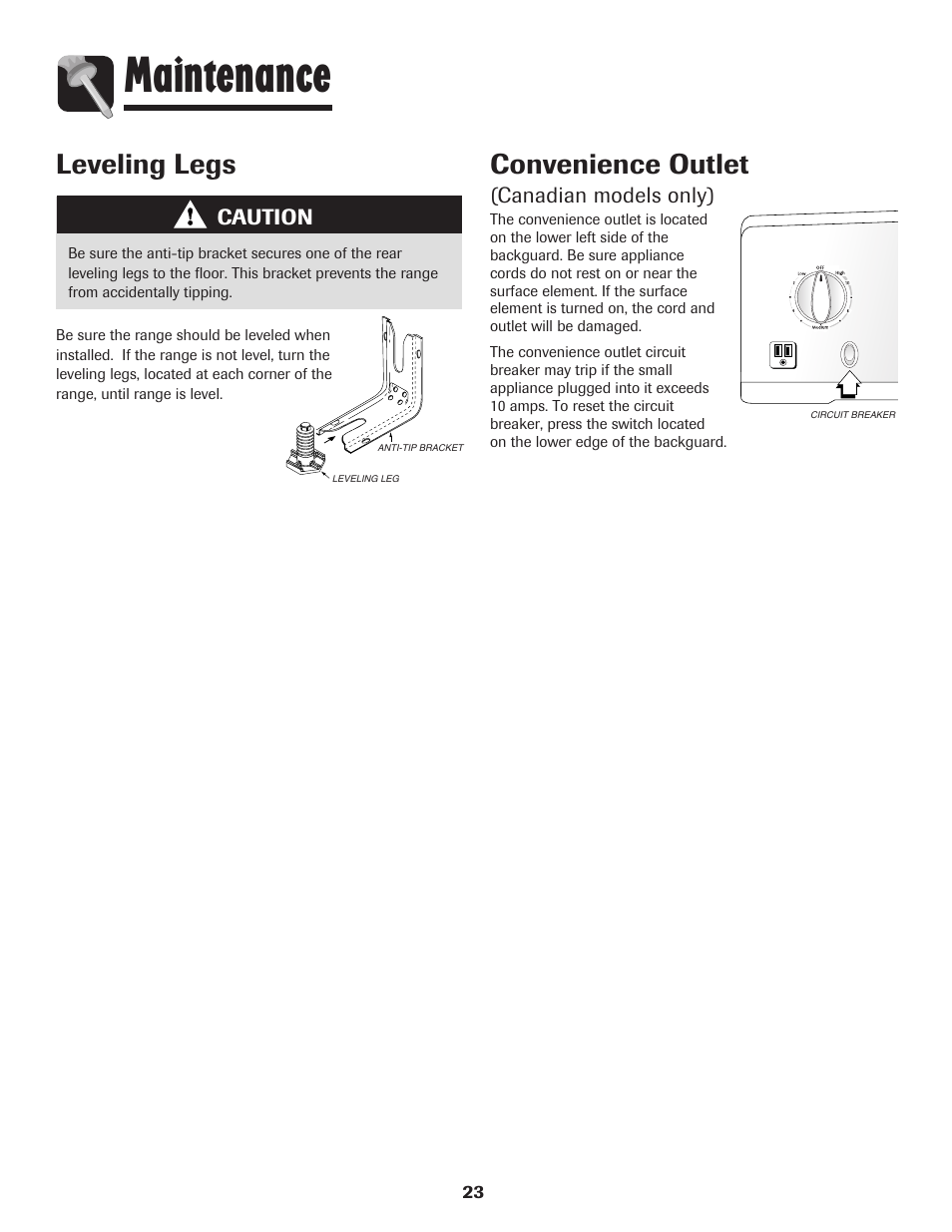 Maintenance, Convenience outlet, Leveling legs | Maytag 750 User Manual | Page 24 / 84