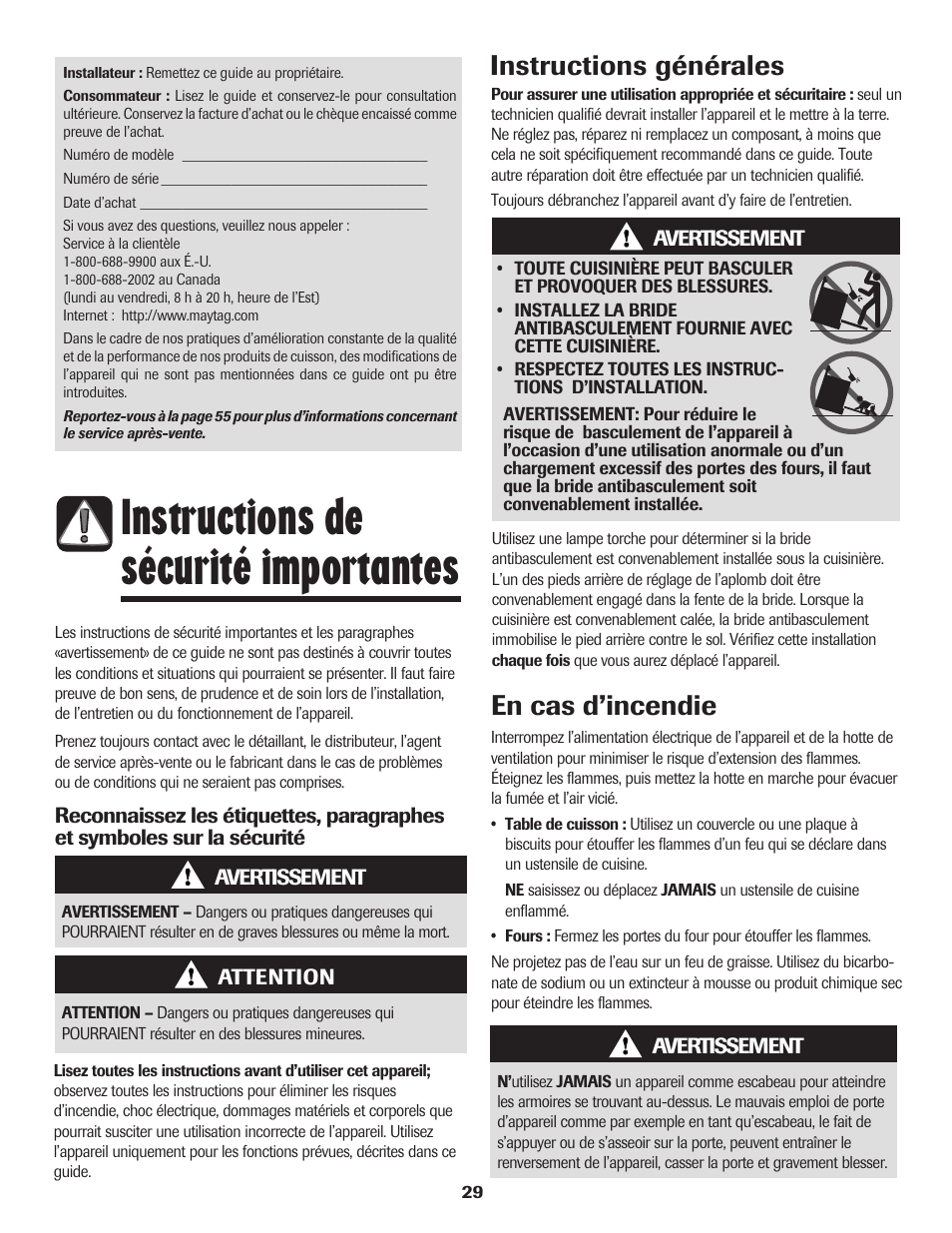 Instructions de sécurité importantes, Instructions générales en cas d’incendie | Maytag 750 User Manual | Page 30 / 84