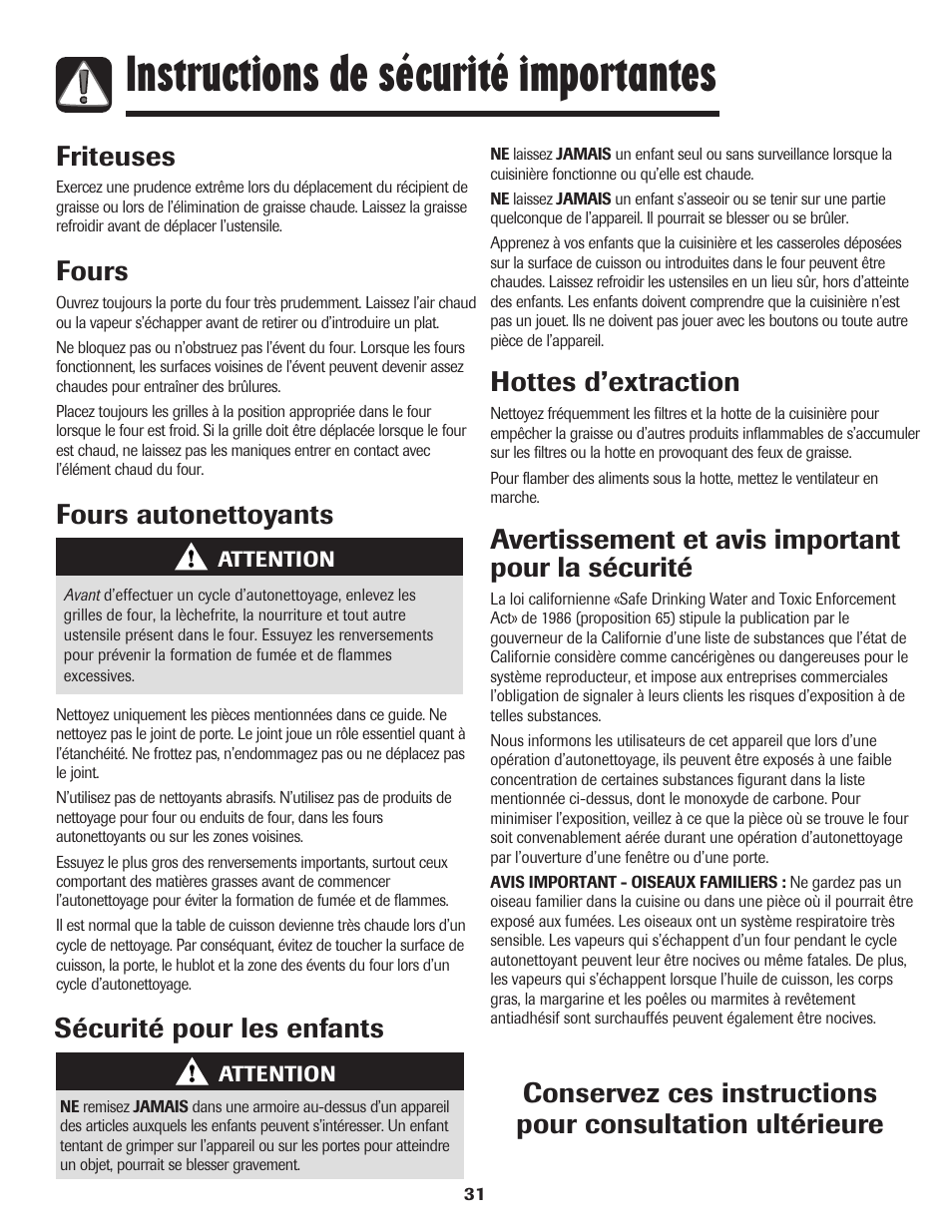 Instructions de sécurité importantes, Friteuses, Fours | Fours autonettoyants sécurité pour les enfants, Hottes d’extraction, Avertissement et avis important pour la sécurité | Maytag 750 User Manual | Page 32 / 84