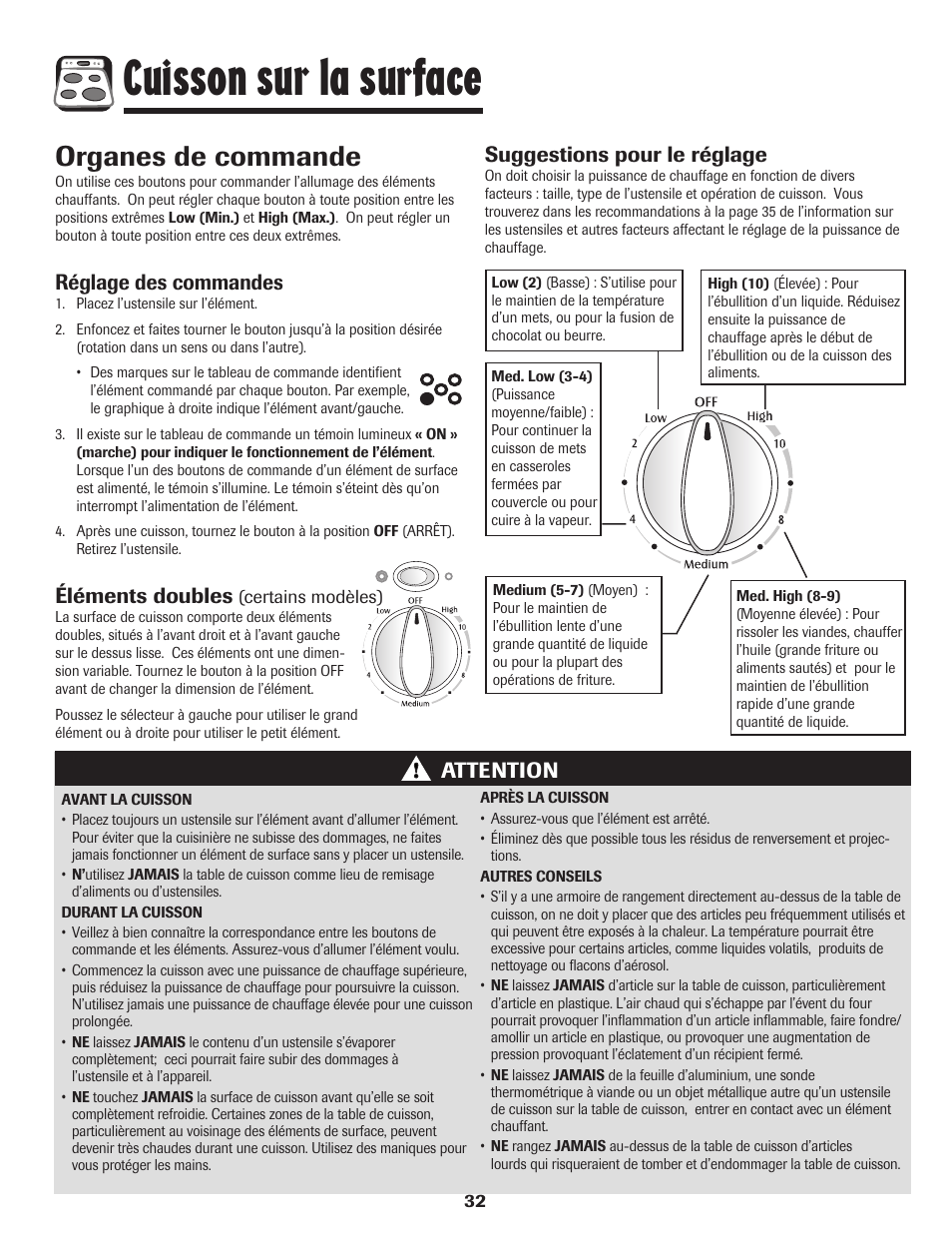 Cuisson sur la surface, Organes de commande, Réglage des commandes | Éléments doubles, Attention suggestions pour le réglage | Maytag 750 User Manual | Page 33 / 84