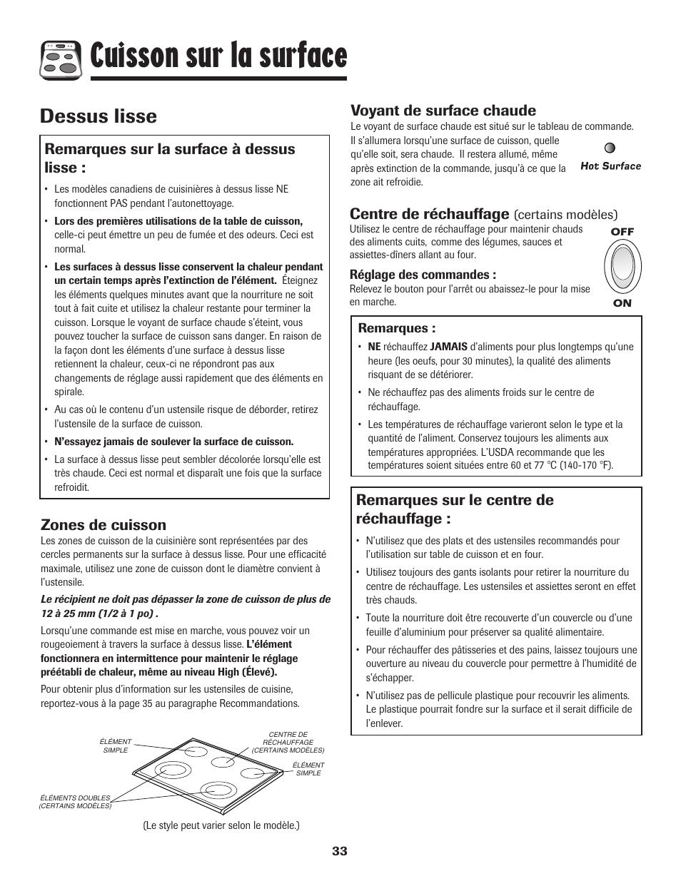 Cuisson sur la surface, Dessus lisse, Zones de cuisson | Voyant de surface chaude, Centre de réchauffage, Remarques sur le centre de réchauffage, Remarques sur la surface à dessus lisse | Maytag 750 User Manual | Page 34 / 84