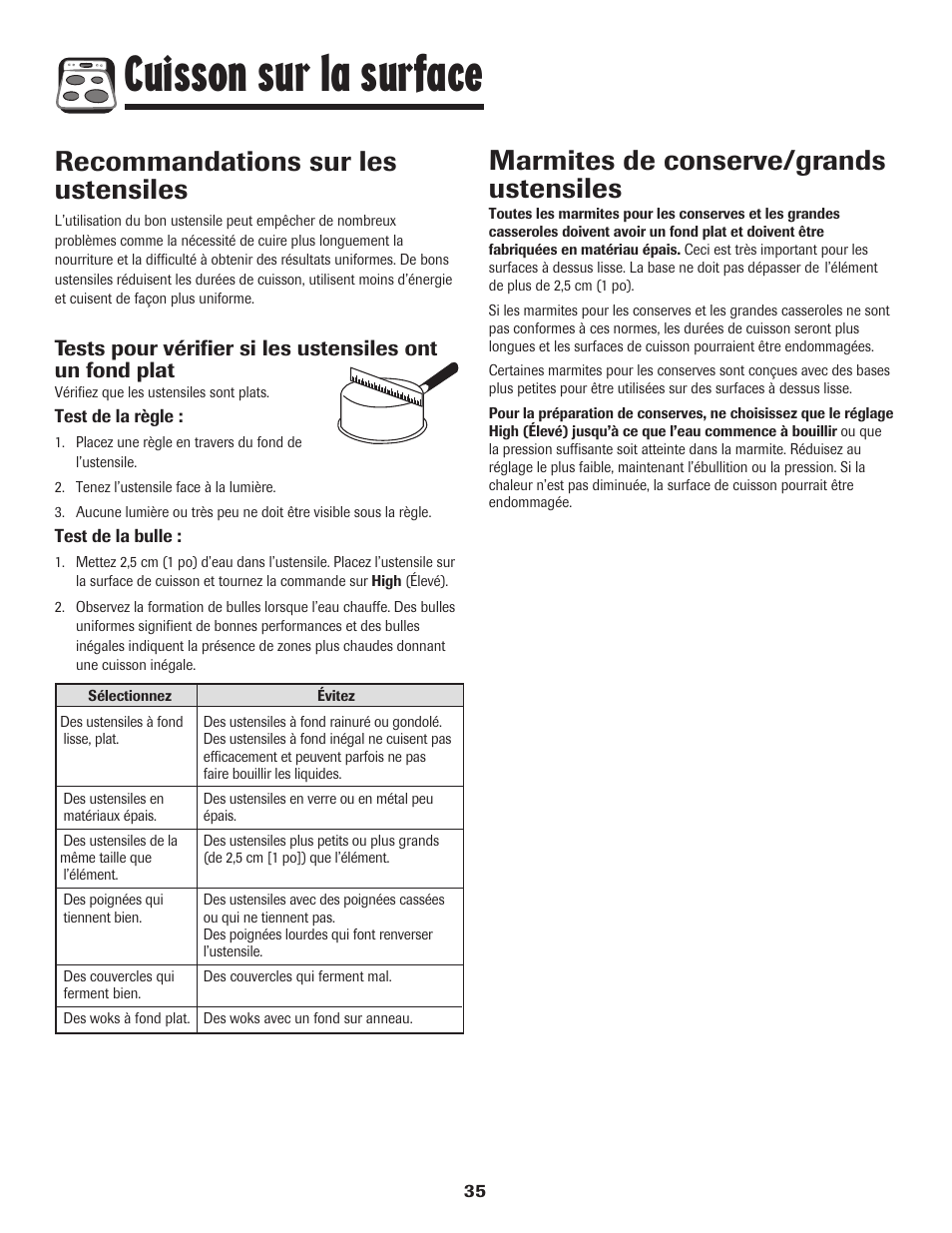 Cuisson sur la surface, Marmites de conserve/grands ustensiles, Recommandations sur les ustensiles | Maytag 750 User Manual | Page 36 / 84