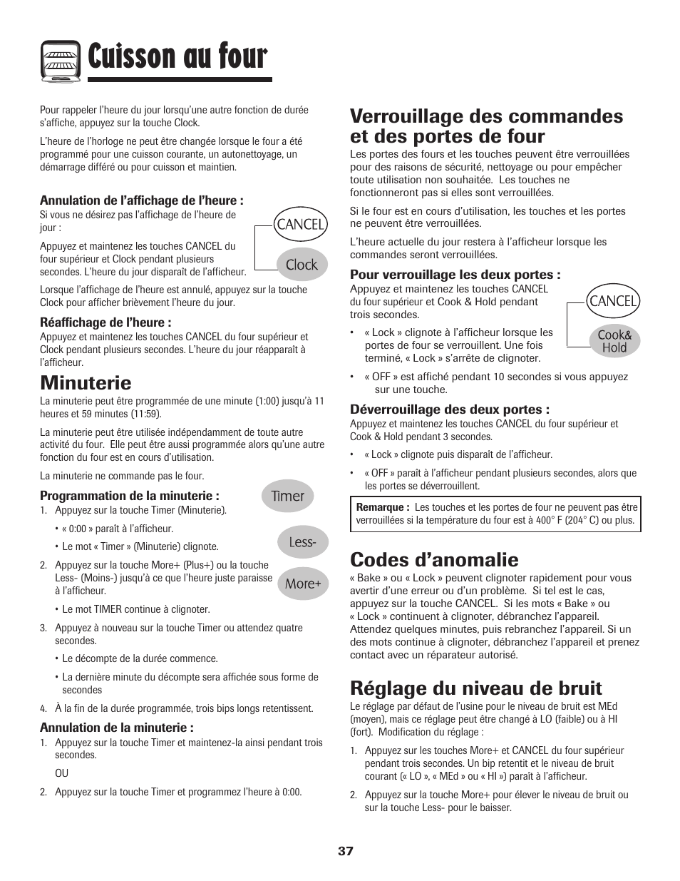 Cuisson au four, Minuterie, Verrouillage des commandes et des portes de four | Codes d’anomalie, Réglage du niveau de bruit | Maytag 750 User Manual | Page 38 / 84
