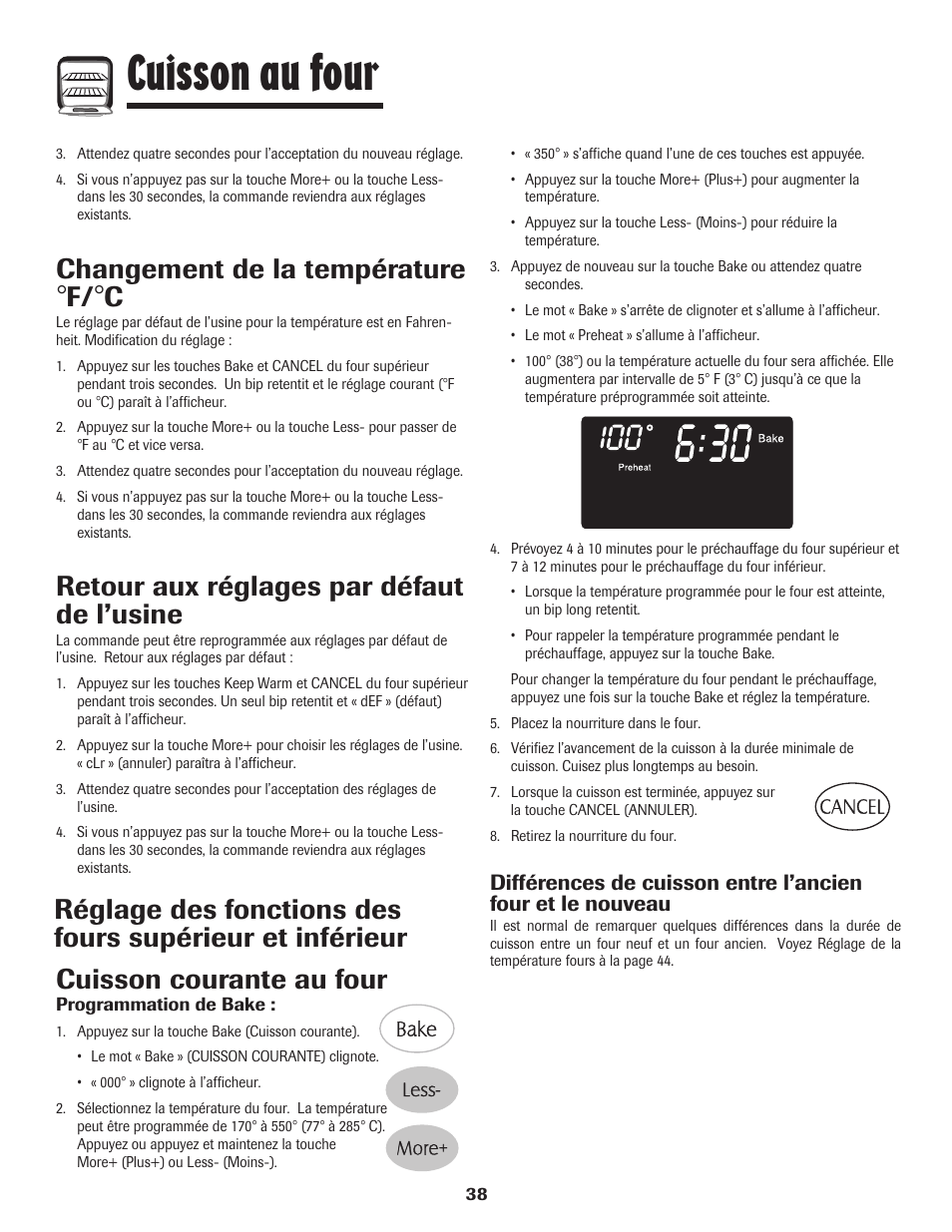 Cuisson au four, Changement de la température, Retour aux réglages par défaut de l’usine | Cuisson courante au four | Maytag 750 User Manual | Page 39 / 84