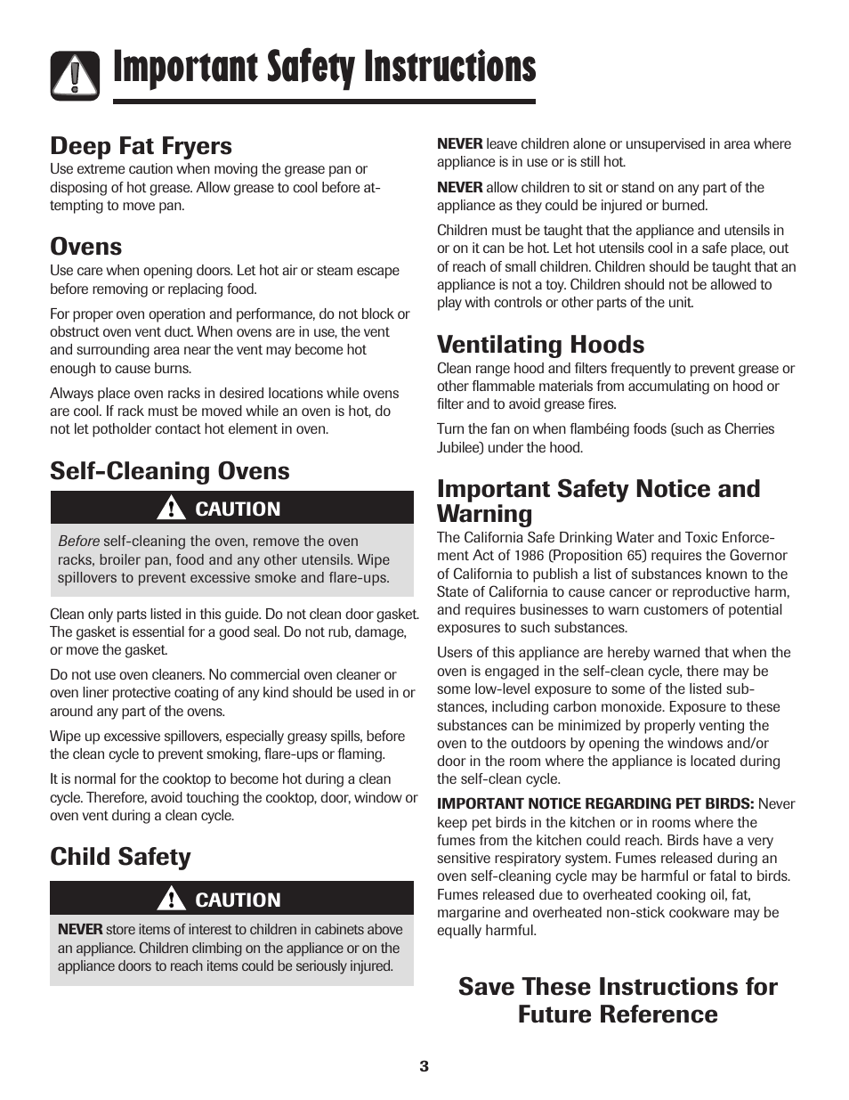 Important safety instructions, Save these instructions for future reference, Deep fat fryers | Ovens, Self-cleaning ovens, Ventilating hoods, Important safety notice and warning, Child safety | Maytag 750 User Manual | Page 4 / 84