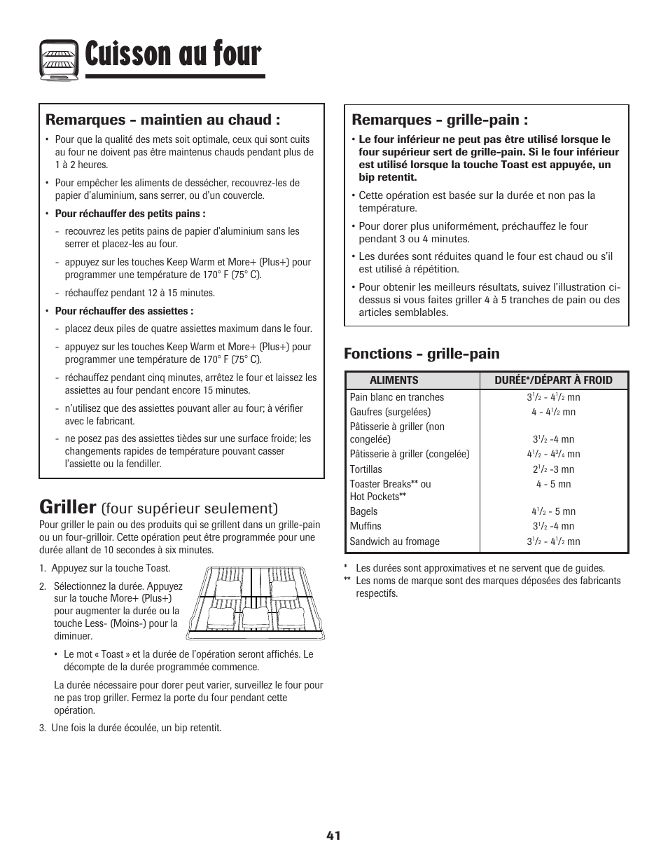 Cuisson au four, Griller, Remarques - maintien au chaud | Four supérieur seulement), Remarques - grille-pain, Fonctions - grille-pain | Maytag 750 User Manual | Page 42 / 84