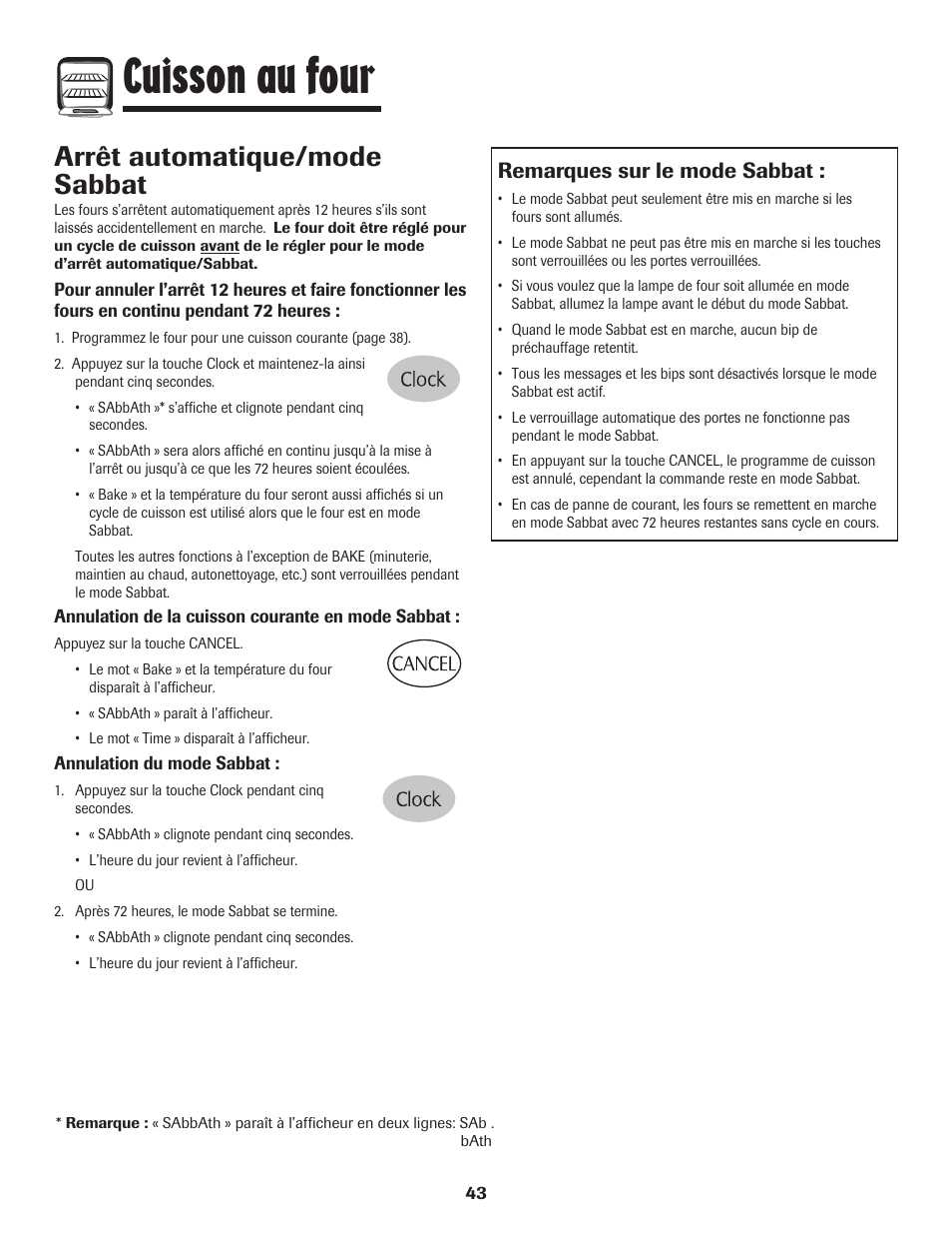 Cuisson au four, Arrêt automatique/mode sabbat, Remarques sur le mode sabbat | Maytag 750 User Manual | Page 44 / 84