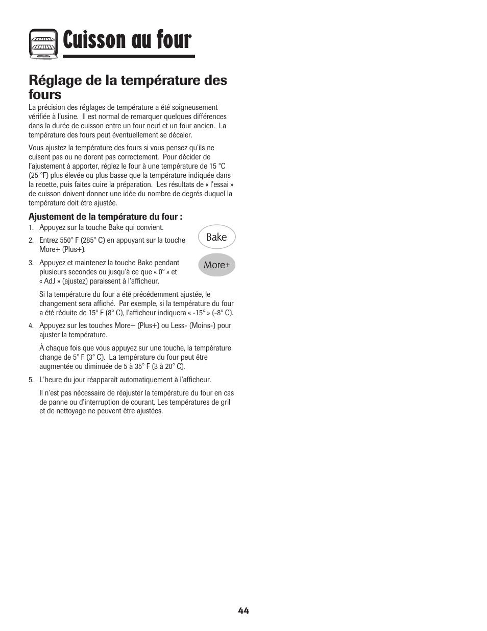 Cuisson au four, Réglage de la température des fours | Maytag 750 User Manual | Page 45 / 84