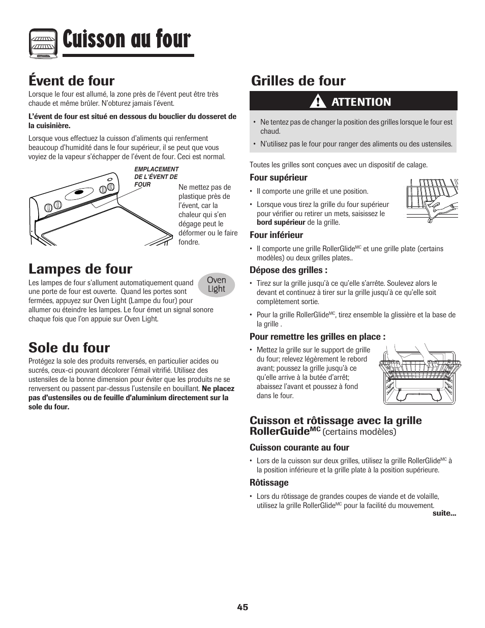 Cuisson au four, Lampes de four, Sole du four | Évent de four, Grilles de four, Attention, Cuisson et rôtissage avec la grille rollerguide | Maytag 750 User Manual | Page 46 / 84