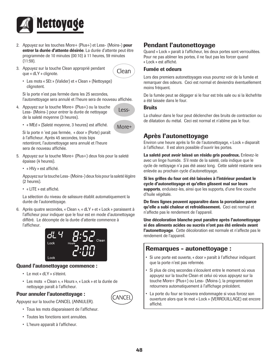 Nettoyage, Remarques - autonettoyage, Pendant l’autonettoyage | Après l’autonettoyage | Maytag 750 User Manual | Page 49 / 84