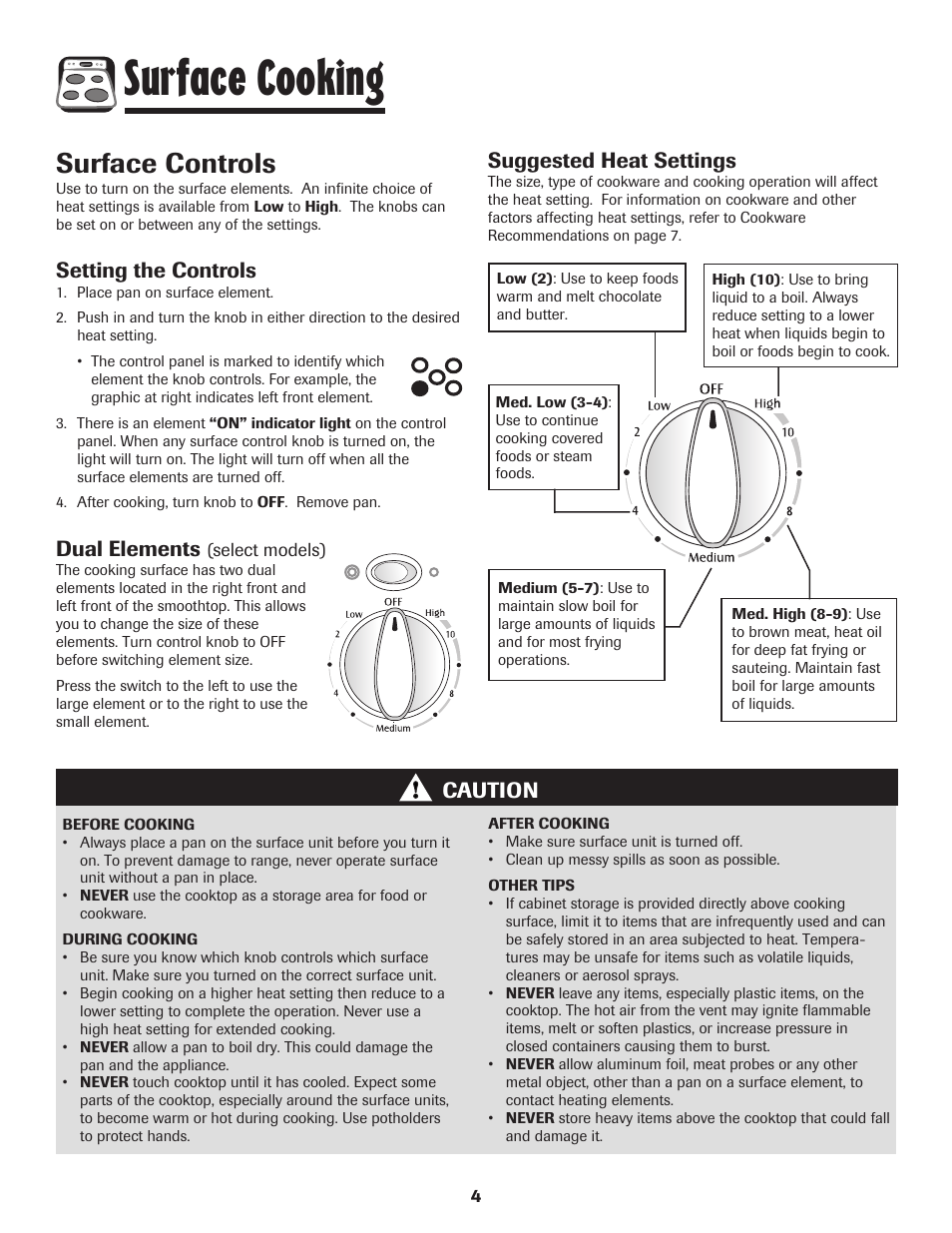 Surface cooking, Surface controls, Setting the controls | Dual elements, Caution suggested heat settings | Maytag 750 User Manual | Page 5 / 84