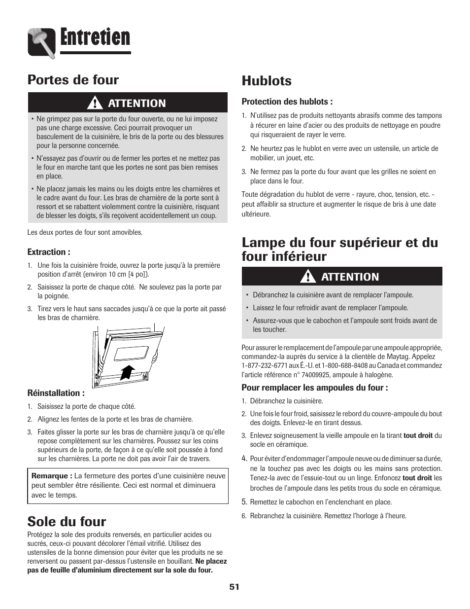 Entretien, Portes de four hublots, Lampe du four supérieur et du four inférieur | Sole du four, Attention | Maytag 750 User Manual | Page 52 / 84