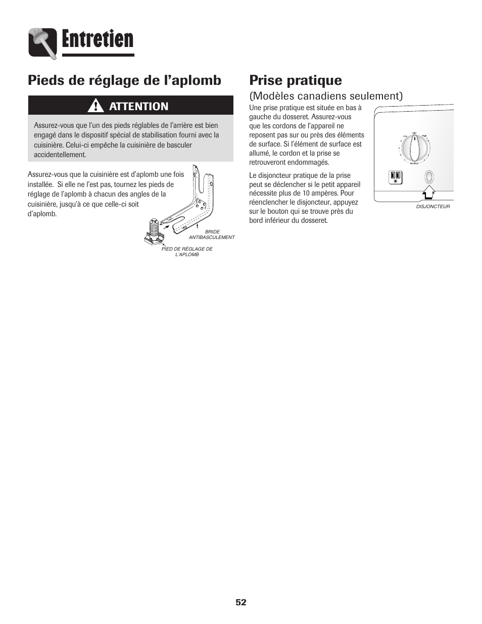 Entretien, Prise pratique, Pieds de réglage de l’aplomb | Modèles canadiens seulement), Attention | Maytag 750 User Manual | Page 53 / 84