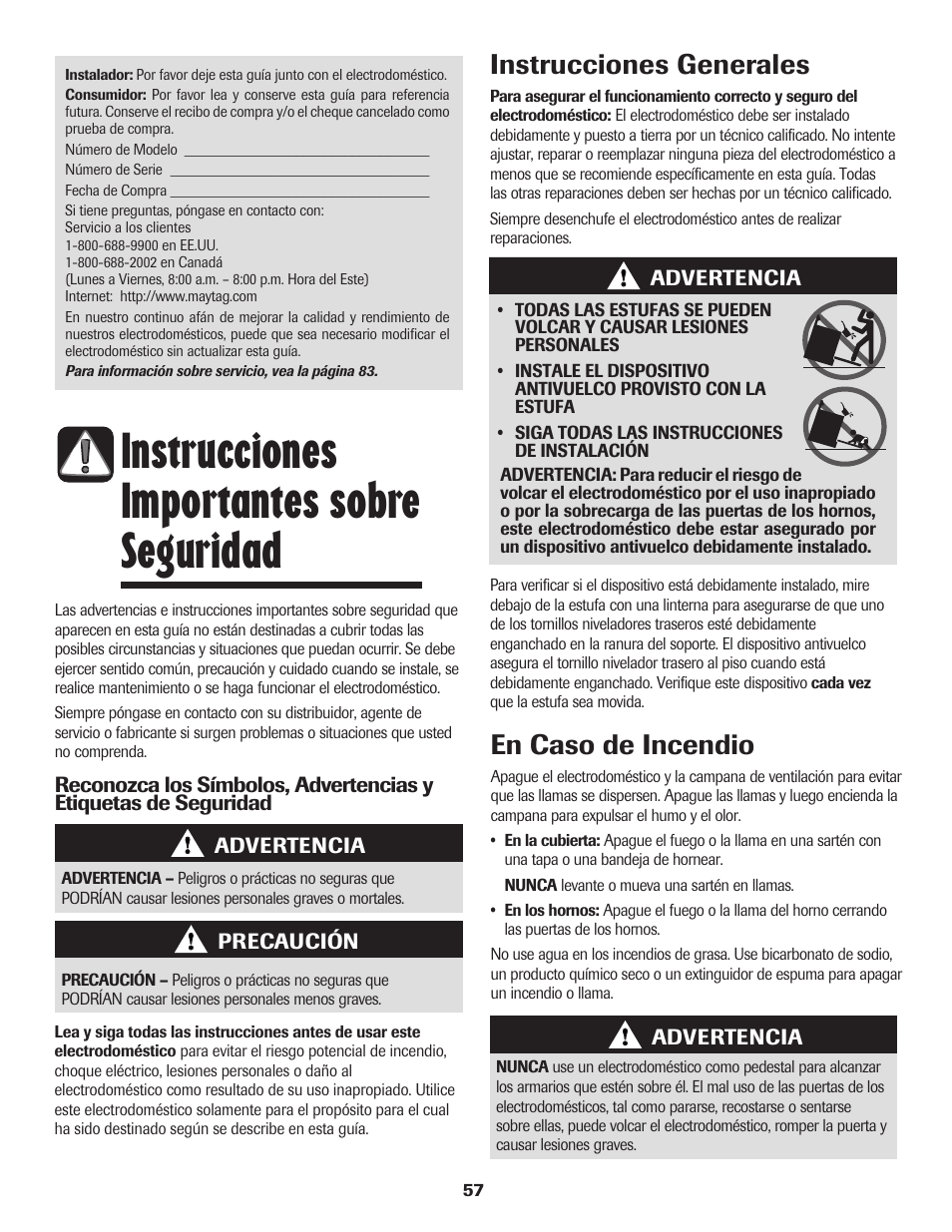 Instrucciones importantes sobre seguridad, Instrucciones generales en caso de incendio | Maytag 750 User Manual | Page 58 / 84
