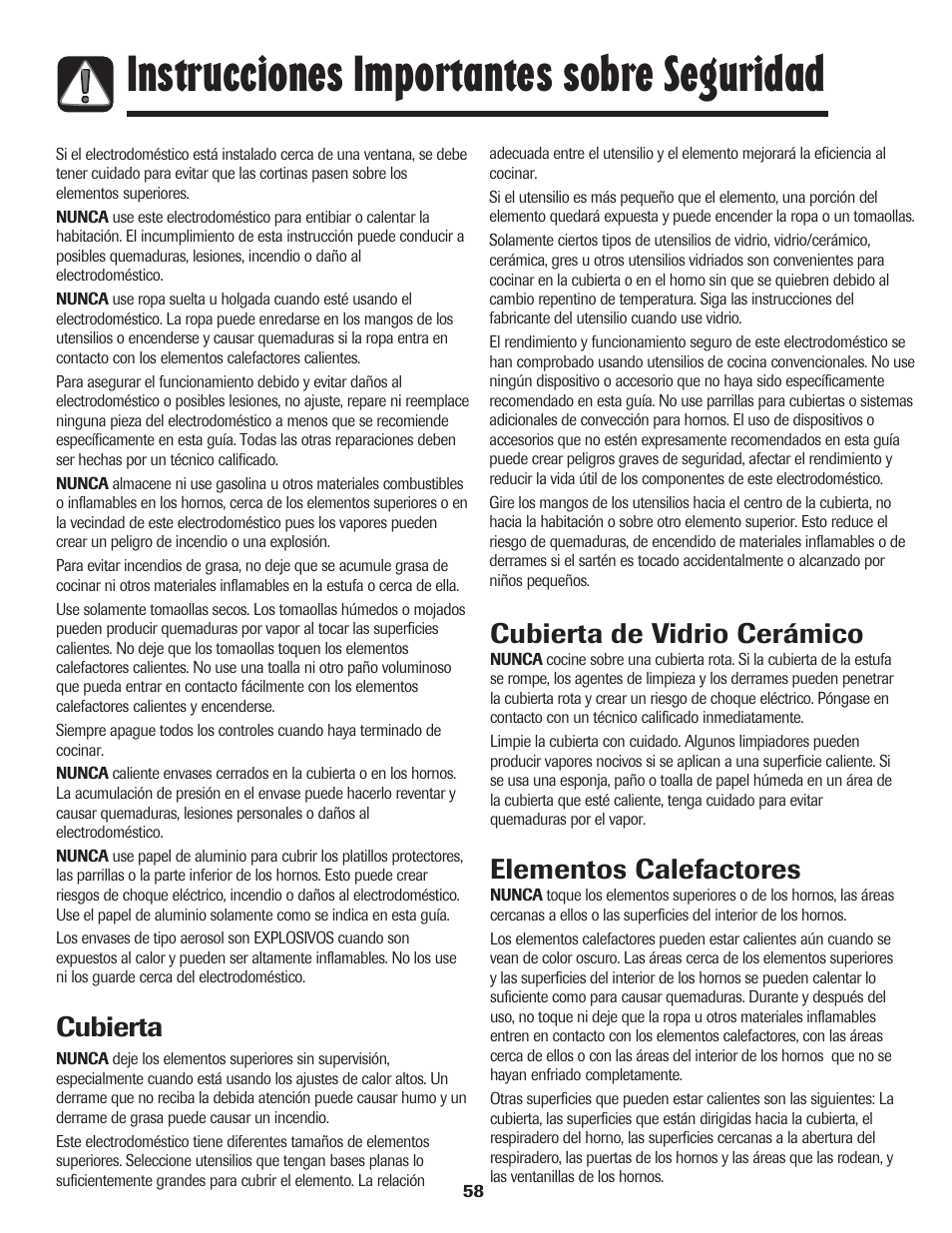 Instrucciones importantes sobre seguridad, Cubierta, Cubierta de vidrio cerámico | Elementos calefactores | Maytag 750 User Manual | Page 59 / 84