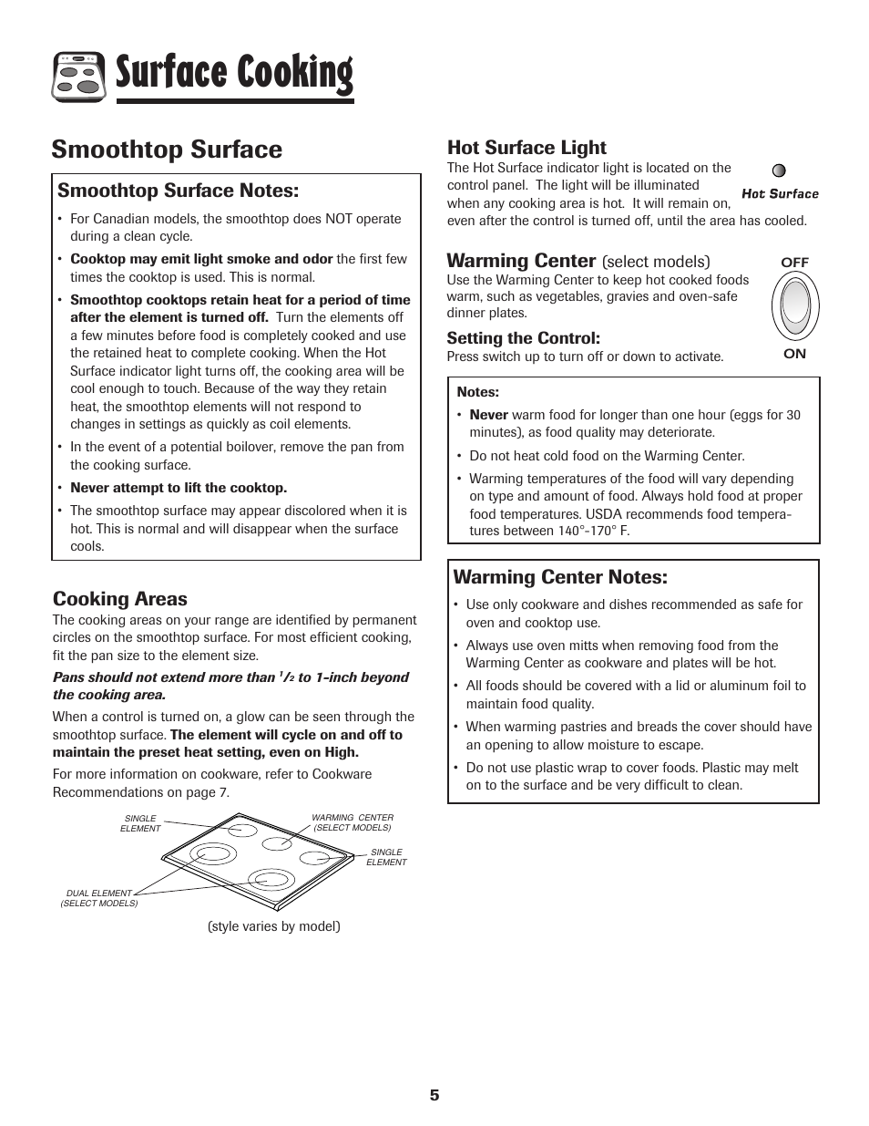 Surface cooking, Smoothtop surface, Cooking areas | Hot surface light, Warming center | Maytag 750 User Manual | Page 6 / 84