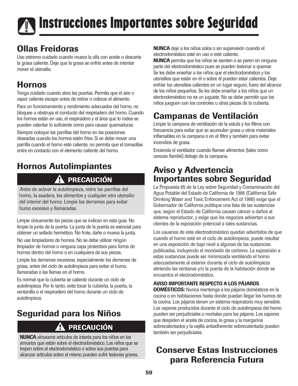 Instrucciones importantes sobre seguridad, Ollas freidoras, Hornos | Hornos autolimpiantes, Campanas de ventilación, Aviso y advertencia importantes sobre seguridad, Seguridad para los niños | Maytag 750 User Manual | Page 60 / 84