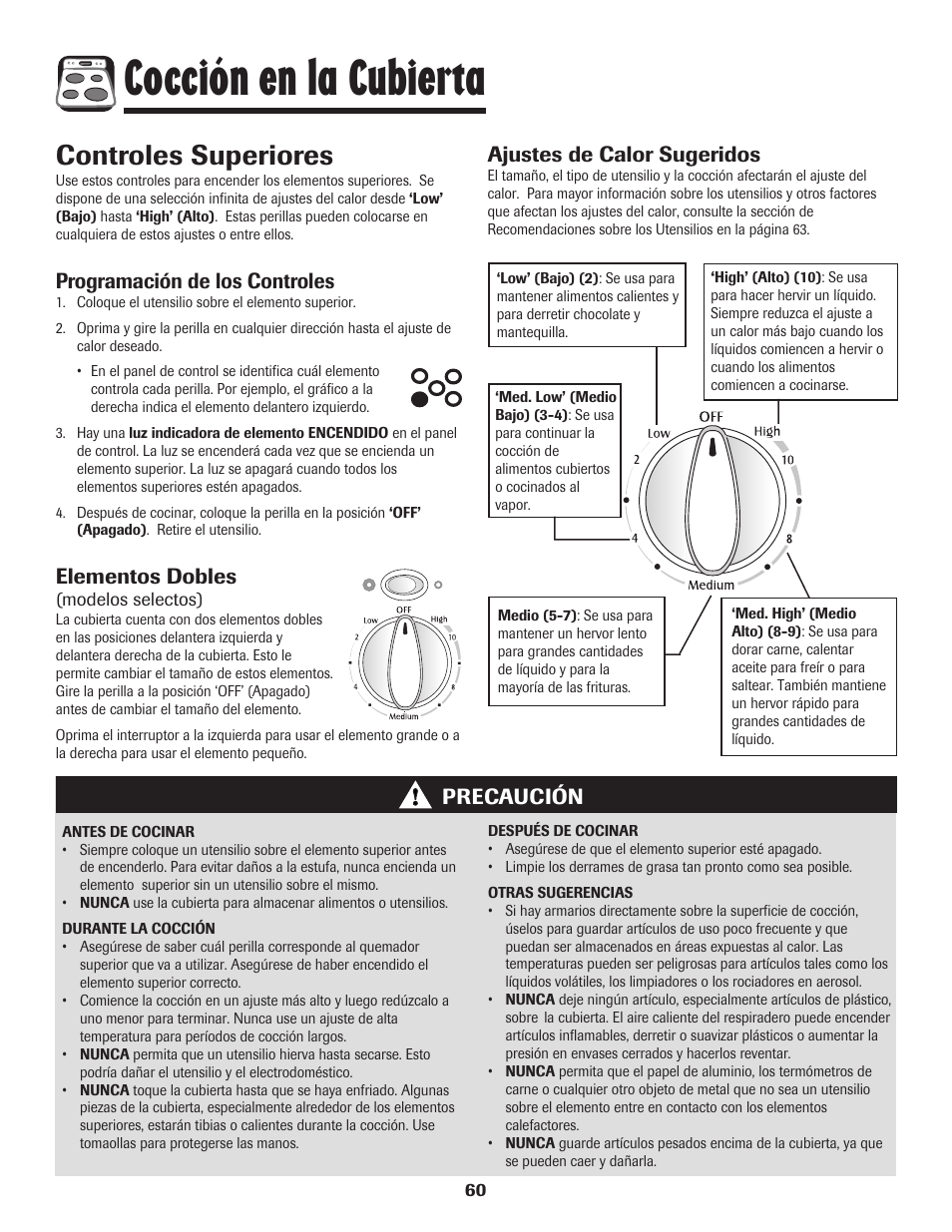 Cocción en la cubierta, Controles superiores, Programación de los controles | Elementos dobles, Precaución ajustes de calor sugeridos | Maytag 750 User Manual | Page 61 / 84