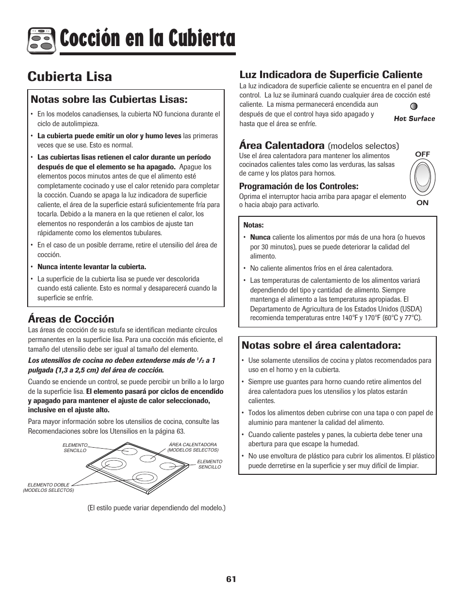 Cocción en la cubierta, Cubierta lisa, Áreas de cocción | Luz indicadora de superficie caliente, Área calentadora, Notas sobre el área calentadora, Notas sobre las cubiertas lisas | Maytag 750 User Manual | Page 62 / 84