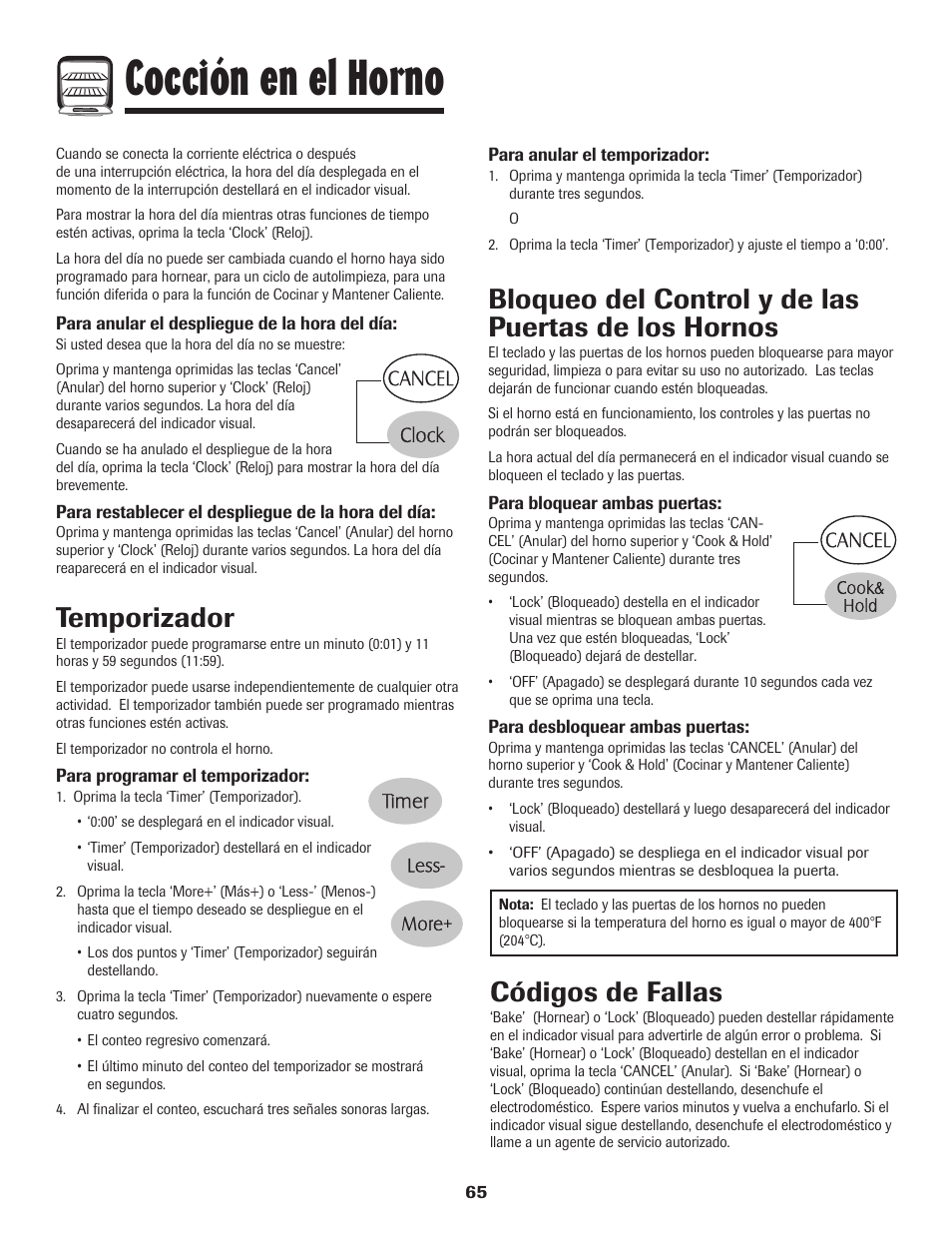 Cocción en el horno, Temporizador, Bloqueo del control y de las puertas de los hornos | Códigos de fallas | Maytag 750 User Manual | Page 66 / 84