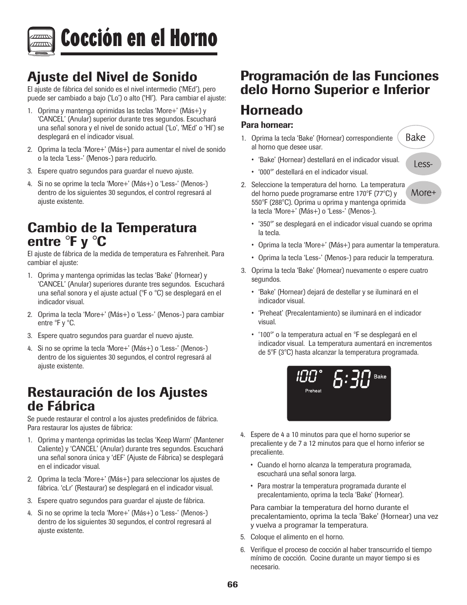Cocción en el horno, Ajuste del nivel de sonido, Cambio de la temperatura entre | Restauración de los ajustes de fábrica | Maytag 750 User Manual | Page 67 / 84
