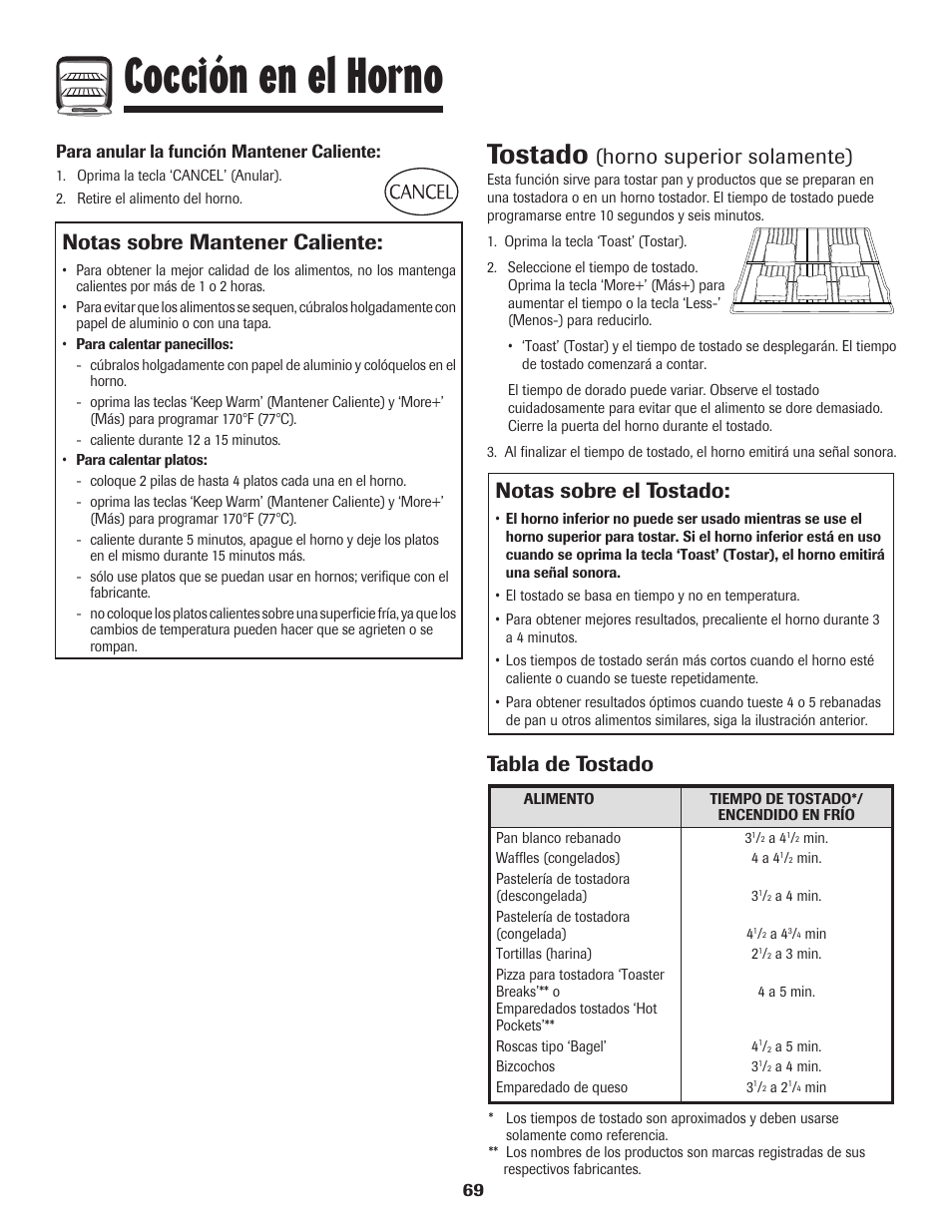 Cocción en el horno, Tostado, Notas sobre mantener caliente | Horno superior solamente), Notas sobre el tostado, Tabla de tostado, Para anular la función mantener caliente | Maytag 750 User Manual | Page 70 / 84