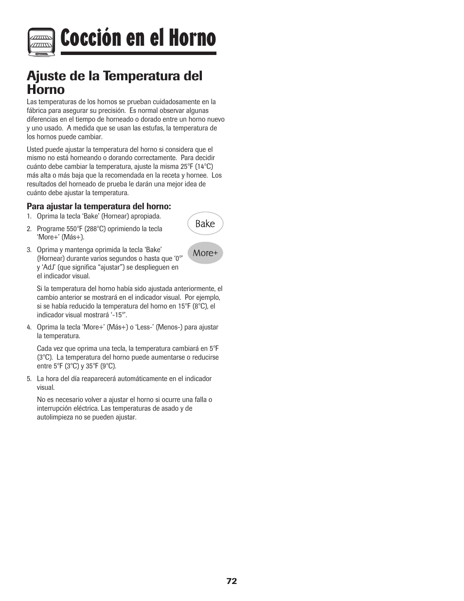 Cocción en el horno, Ajuste de la temperatura del horno | Maytag 750 User Manual | Page 73 / 84