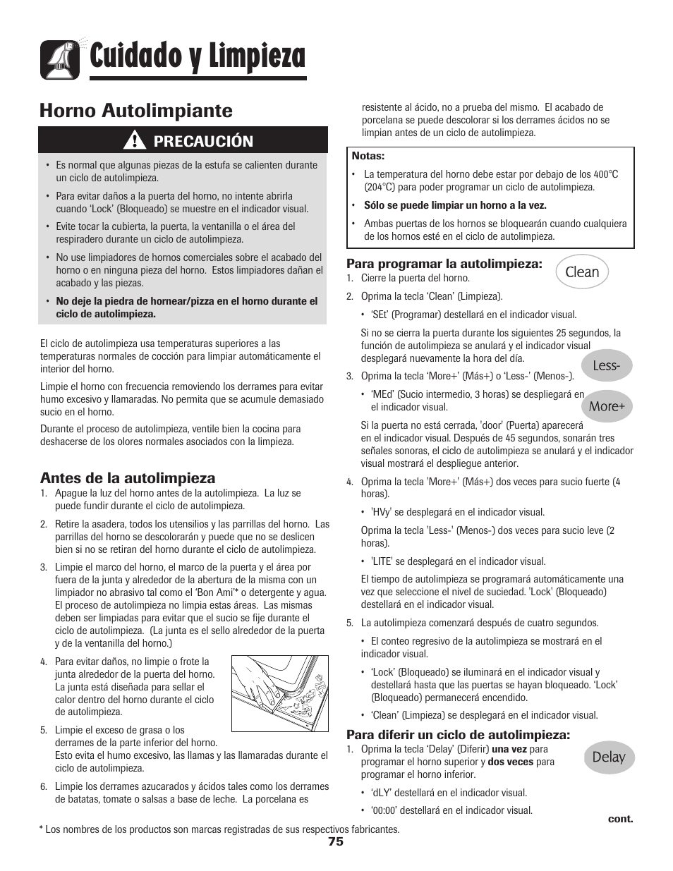 Cuidado y limpieza, Horno autolimpiante, Precaución | Antes de la autolimpieza | Maytag 750 User Manual | Page 76 / 84