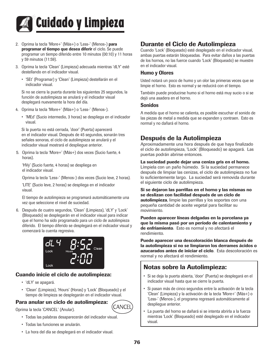 Cuidado y limpieza, Notas sobre la autolimpieza, Durante el ciclo de autolimpieza | Después de la autolimpieza | Maytag 750 User Manual | Page 77 / 84