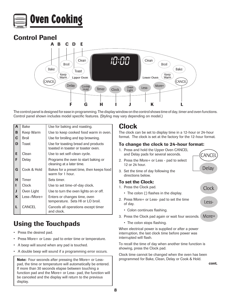 Oven cooking, Control panel, Using the touchpads | Clock | Maytag 750 User Manual | Page 9 / 84