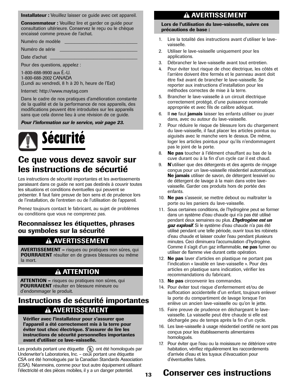 Sécurité, Conserver ces instructions, Instructions de sécurité importantes | Avertissement, Attention | Maytag 6919559A User Manual | Page 14 / 36
