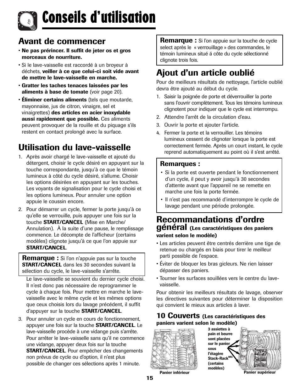 Conseils d’utilisation, Avant de commencer, Utilisation du lave-vaisselle | Ajout d’un article oublié, Recommandations d’ordre général, 10 couverts | Maytag 6919559A User Manual | Page 16 / 36