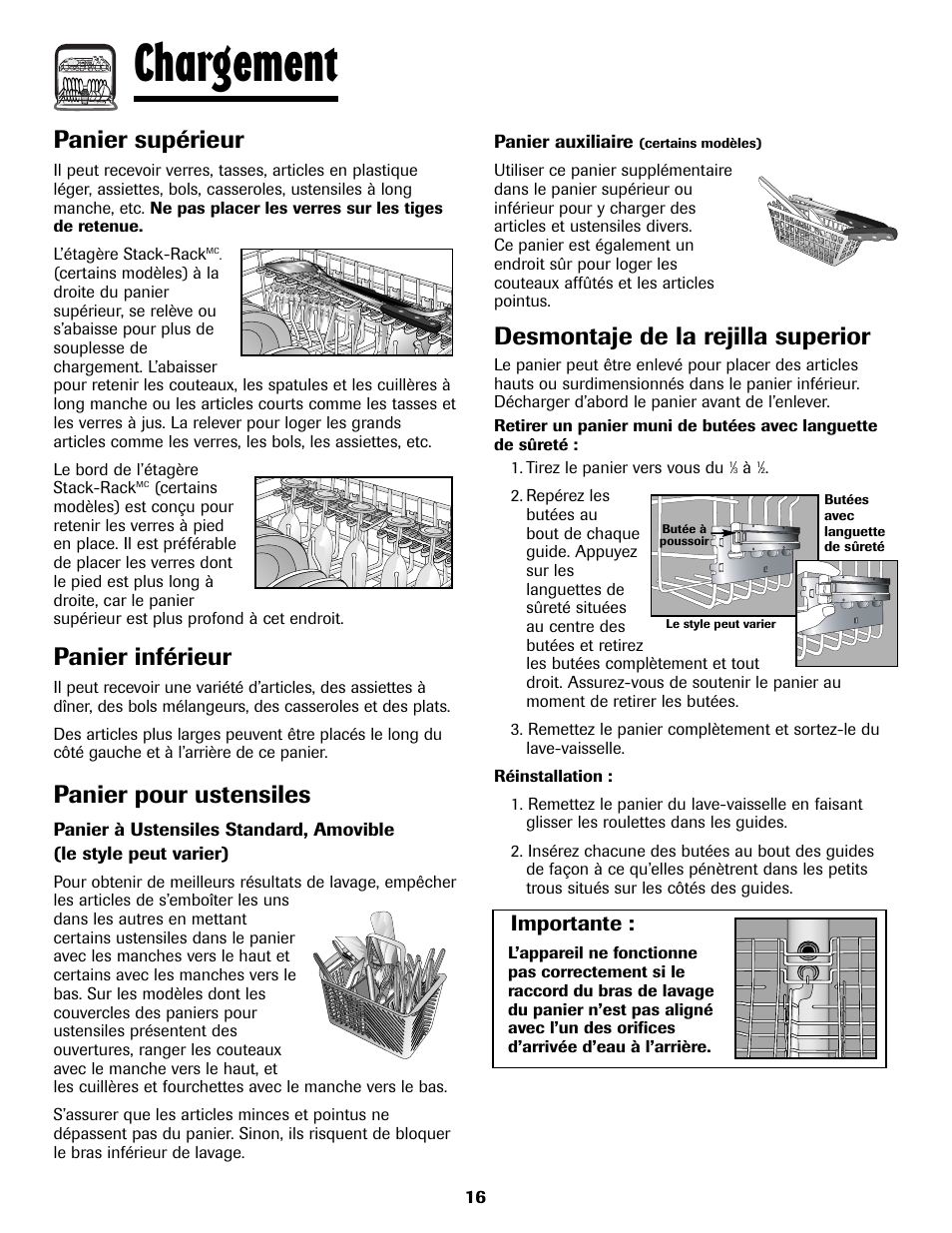 Chargement, Panier supérieur, Panier inférieur | Panier pour ustensiles, Desmontaje de la rejilla superior, Importante | Maytag 6919559A User Manual | Page 17 / 36