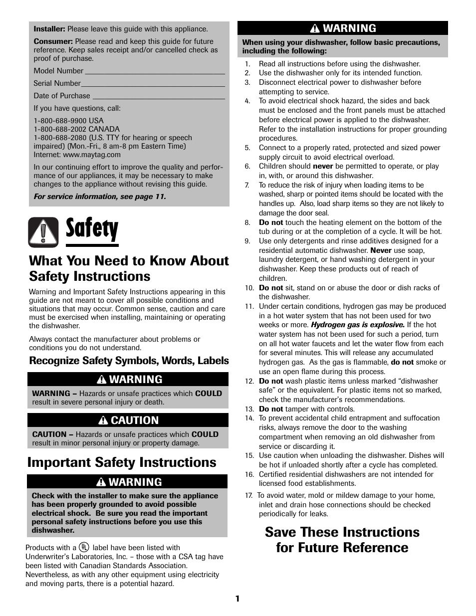 Safety, What you need to know about safety instructions, Important safety instructions | Save these instructions for future reference, Warning, Caution, Recognize safety symbols, words, labels | Maytag 6919559A User Manual | Page 2 / 36