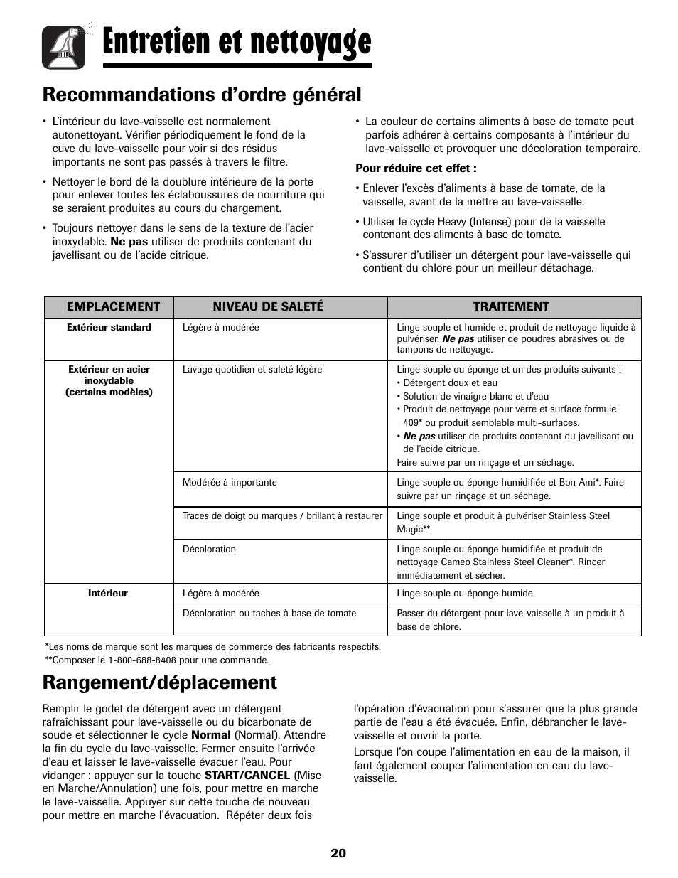 Entretien et nettoyage, Rangement/déplacement, Recommandations d’ordre général | Maytag 6919559A User Manual | Page 21 / 36