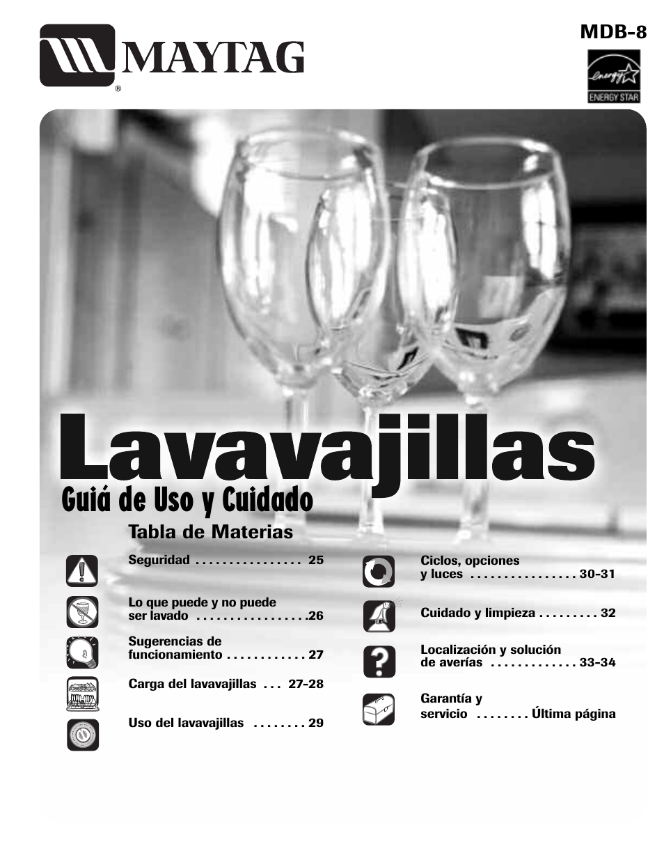 Guiá de uso y cuidado, Tabla de materias, Mdb-8 | Maytag 6919559A User Manual | Page 25 / 36