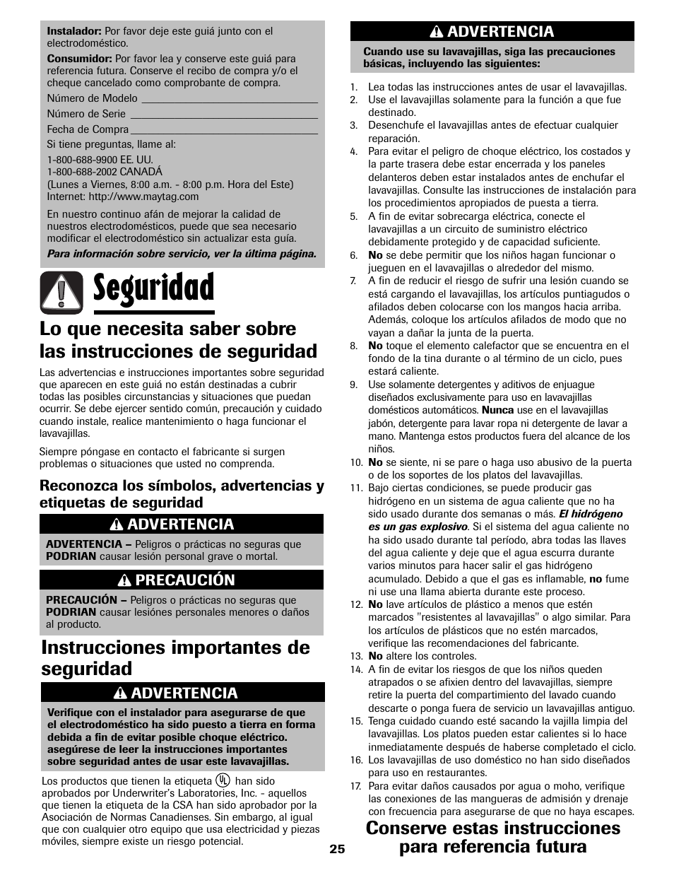 Seguridad, Instrucciones importantes de seguridad, Advertencia | Precaución | Maytag 6919559A User Manual | Page 26 / 36